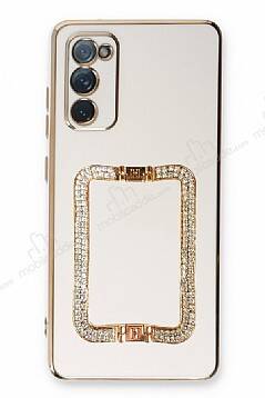 Eiroo Crystal Serisi Samsung Galaxy S20 FE Kare Gold Taşlı Tutuculu Beyaz Silikon Kılıf - 1