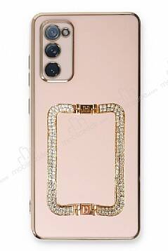 Eiroo Crystal Serisi Samsung Galaxy S20 FE Kare Gold Taşlı Tutuculu Pembe Silikon Kılıf - 1