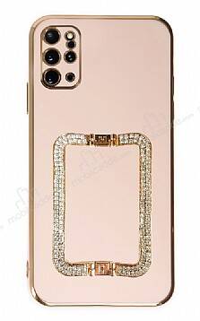 Eiroo Crystal Serisi Samsung Galaxy S20 Plus Kare Gold Taşlı Tutuculu Pembe Silikon Kılıf - 1