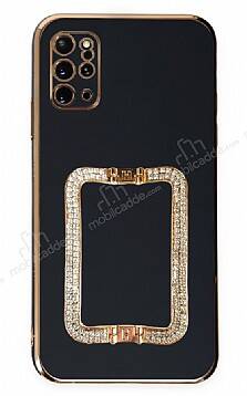 Eiroo Crystal Serisi Samsung Galaxy S20 Plus Kare Gold Taşlı Tutuculu Siyah Silikon Kılıf - 1