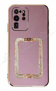 Eiroo Crystal Serisi Samsung Galaxy S20 Ultra Kare Gold Taşlı Tutuculu Mor Silikon Kılıf - 1