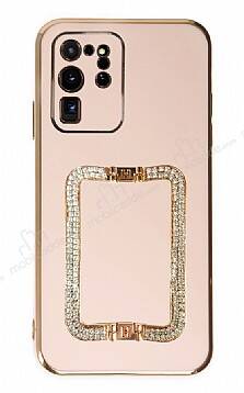 Eiroo Crystal Serisi Samsung Galaxy S20 Ultra Kare Gold Taşlı Tutuculu Pembe Silikon Kılıf - 1