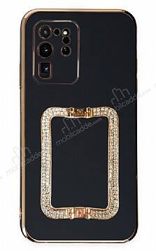 Eiroo Crystal Serisi Samsung Galaxy S20 Ultra Kare Gold Taşlı Tutuculu Siyah Silikon Kılıf - 1