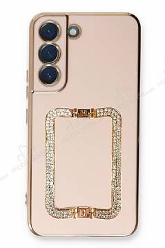 Eiroo Crystal Serisi Samsung Galaxy S21 FE 5G Kare Gold Taşlı Tutuculu Pembe Silikon Kılıf - 1