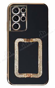 Eiroo Crystal Serisi Samsung Galaxy S21 Ultra Kare Gold Taşlı Tutuculu Siyah Silikon Kılıf - 1