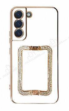 Eiroo Crystal Serisi Samsung Galaxy S22 5G Kare Gold Taşlı Tutuculu Beyaz Silikon Kılıf - 1