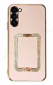 Eiroo Crystal Serisi Samsung Galaxy S23 Kare Gold Taşlı Tutuculu Pembe Silikon Kılıf - 1