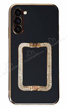 Eiroo Crystal Serisi Samsung Galaxy S23 Kare Gold Taşlı Tutuculu Siyah Silikon Kılıf - 1