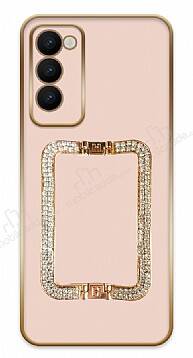 Eiroo Crystal Serisi Tecno Camon 18 Kare Gold Taşlı Tutuculu Pembe Silikon Kılıf - 1