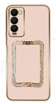 Eiroo Crystal Serisi Tecno Camon 18 Premier Kare Gold Taşlı Tutuculu Pembe Silikon Kılıf - 1