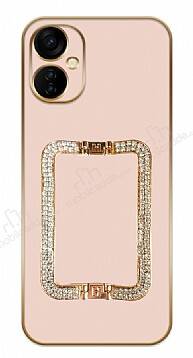 Eiroo Crystal Serisi Tecno Spark 9T Kare Gold Taşlı Tutuculu Pembe Silikon Kılıf - 1