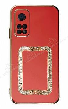 Eiroo Crystal Serisi Xiaomi Mi 10T Kare Gold Taşlı Tutuculu Kırmızı Silikon Kılıf - 1