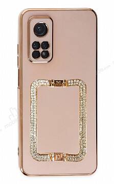 Eiroo Crystal Serisi Xiaomi Mi 10T Kare Gold Taşlı Tutuculu Pembe Silikon Kılıf - 1