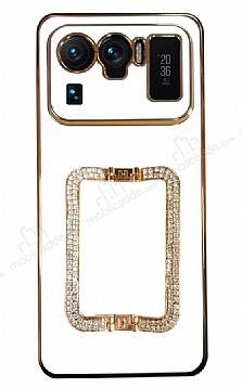 Eiroo Crystal Serisi Xiaomi Mi 11 Ultra Kare Gold Taşlı Tutuculu Beyaz Silikon Kılıf - 1