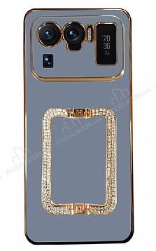 Eiroo Crystal Serisi Xiaomi Mi 11 Ultra Kare Gold Taşlı Tutuculu Mavi Silikon Kılıf - 1