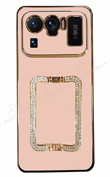 Eiroo Crystal Serisi Xiaomi Mi 11 Ultra Kare Gold Taşlı Tutuculu Pembe Silikon Kılıf - 1