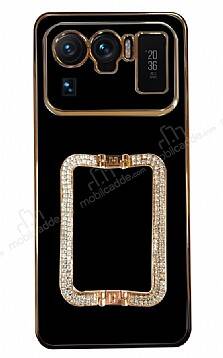 Eiroo Crystal Serisi Xiaomi Mi 11 Ultra Kare Gold Taşlı Tutuculu Siyah Silikon Kılıf - 1