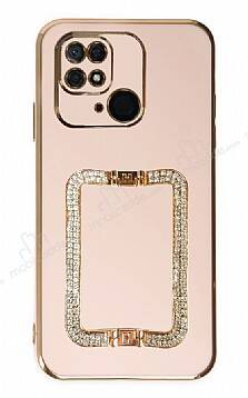 Eiroo Crystal Serisi Xiaomi Poco C40 Kare Gold Taşlı Tutuculu Pembe Silikon Kılıf - 1