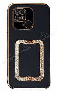 Eiroo Crystal Serisi Xiaomi Poco C40 Kare Gold Taşlı Tutuculu Siyah Silikon Kılıf - 1