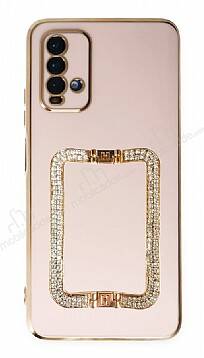 Eiroo Crystal Serisi Xiaomi Poco M3 Kare Gold Taşlı Tutuculu Pembe Silikon Kılıf - 1