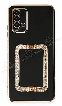 Eiroo Crystal Serisi Xiaomi Poco M3 Kare Gold Taşlı Tutuculu Siyah Silikon Kılıf - 1