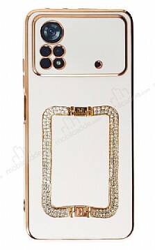 Eiroo Crystal Serisi Xiaomi Poco X4 Pro 5G Kare Gold Taşlı Tutuculu Beyaz Silikon Kılıf - 1