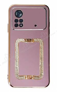 Eiroo Crystal Serisi Xiaomi Poco X4 Pro 5G Kare Gold Taşlı Tutuculu Mor Silikon Kılıf - 1