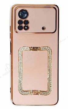 Eiroo Crystal Serisi Xiaomi Poco X4 Pro 5G Kare Gold Taşlı Tutuculu Pembe Silikon Kılıf - 1