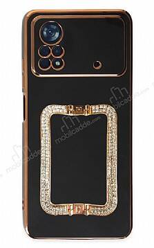 Eiroo Crystal Serisi Xiaomi Poco X4 Pro 5G Kare Gold Taşlı Tutuculu Siyah Silikon Kılıf - 1