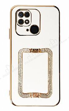 Eiroo Crystal Serisi Xiaomi Redmi 10C Kare Gold Taşlı Tutuculu Beyaz Silikon Kılıf - 1