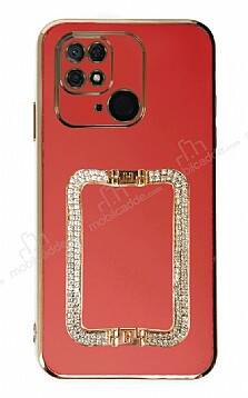 Eiroo Crystal Serisi Xiaomi Redmi 10C Kare Gold Taşlı Tutuculu Kırmızı Silikon Kılıf - 1