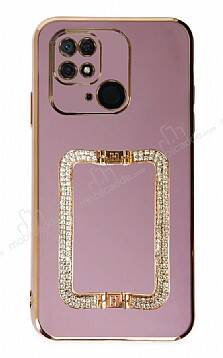 Eiroo Crystal Serisi Xiaomi Redmi 10C Kare Gold Taşlı Tutuculu Mor Silikon Kılıf - 1