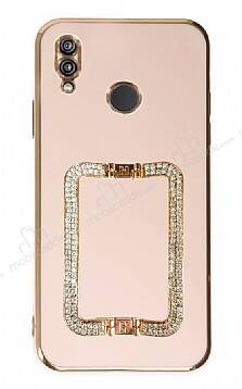 Eiroo Crystal Serisi Xiaomi Redmi Note 7 Kare Gold Taşlı Tutuculu Pembe Silikon Kılıf - 1