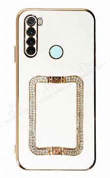 Eiroo Crystal Serisi Xiaomi Redmi Note 8 Kare Gold Taşlı Tutuculu Beyaz Silikon Kılıf - 1