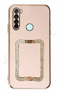 Eiroo Crystal Serisi Xiaomi Redmi Note 8 Kare Gold Taşlı Tutuculu Pembe Silikon Kılıf - 1