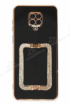 Eiroo Crystal Serisi Xiaomi Redmi Note 9 Pro Max Kare Gold Taşlı Tutuculu Siyah Silikon Kılıf - 1