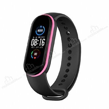 Eiroo Frame Xiaomi Mi Band 5 Siyah-Pembe Silikon Kordon - 1