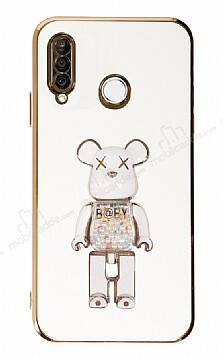 Eiroo Huawei P30 Lite Candy Bear Standlı Beyaz Silikon Kılıf - 1