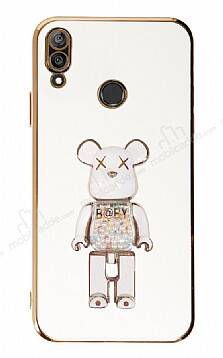 Eiroo Huawei Y7 2019 Candy Bear Standlı Beyaz Silikon Kılıf - 1