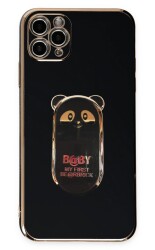 Eiroo iPhone 11 Pro Baby Panda Standlı Siyah Silikon Kılıf - 1