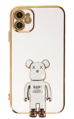 Eiroo iPhone 12 Baby Bear Standlı Beyaz Silikon Kılıf - 1