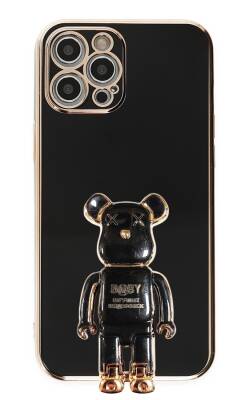 Eiroo iPhone 12 Pro Baby Bear Standlı Siyah Silikon Kılıf - 1