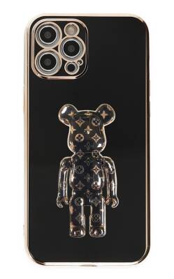 Eiroo iPhone 12 Pro Bearbrick Standlı Siyah Silikon Kılıf - 1