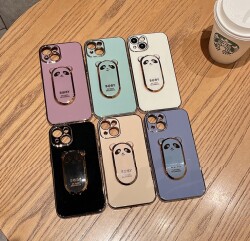 Eiroo iPhone 13 Baby Panda Standlı Mor Silikon Kılıf - 5
