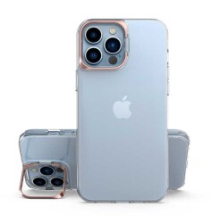 Eiroo Lens Stand iPhone 14 Pro Max Rose Gold Kamera Şeffaf Silikon Kılıf - 1