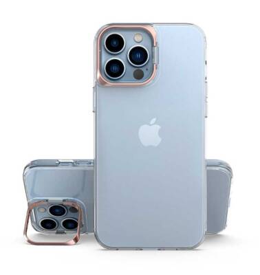 Eiroo Lens Stand iPhone 14 Pro Max Rose Gold Kamera Şeffaf Silikon Kılıf - 1