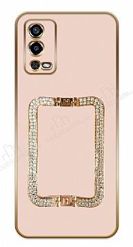 Eiroo Oppo A55 Kare Gold Taş Standlı Pembe Silikon Kılıf - 1