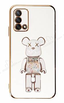 Eiroo Oppo A74 4G Candy Bear Standlı Beyaz Silikon Kılıf - 1