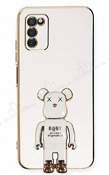 Eiroo Samsung Galaxy A03s Baby Bear Standlı Beyaz Silikon Kılıf - 1