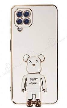 Eiroo Samsung Galaxy A12 Baby Bear Standlı Beyaz Silikon Kılıf - 1